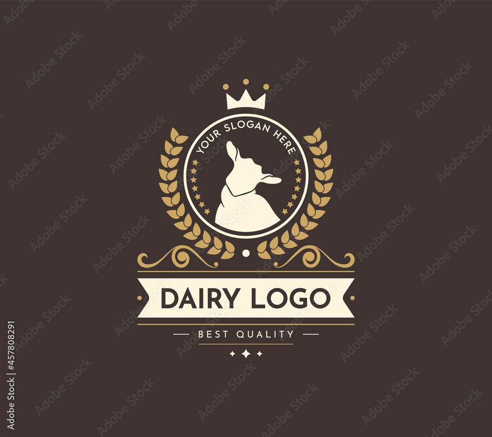 Obraz premium Logo and Badge Vector Illustration Farm Goat with Crown isolated or Brown Background. Farm Animals Badge with Wreath. Template for Dairy and Milk Farm Business. Texture and Heraldry. Border Elements.