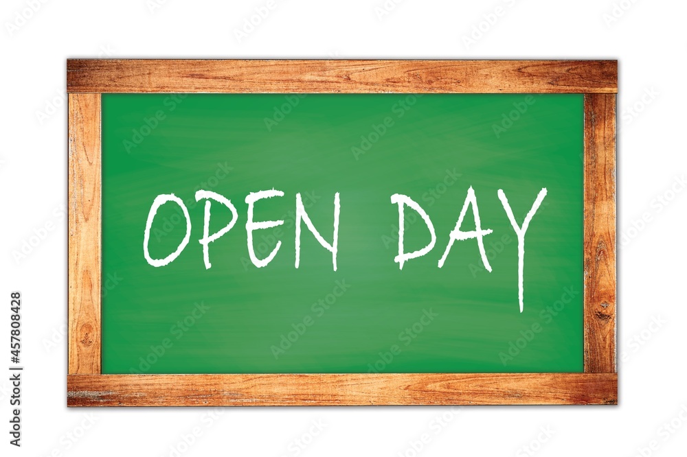 OPEN DAY text written on green school board. OPEN DAY text written on green school board.