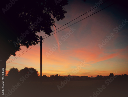 Summer red sunset in the countryside with trees silhouettes and a cable pole