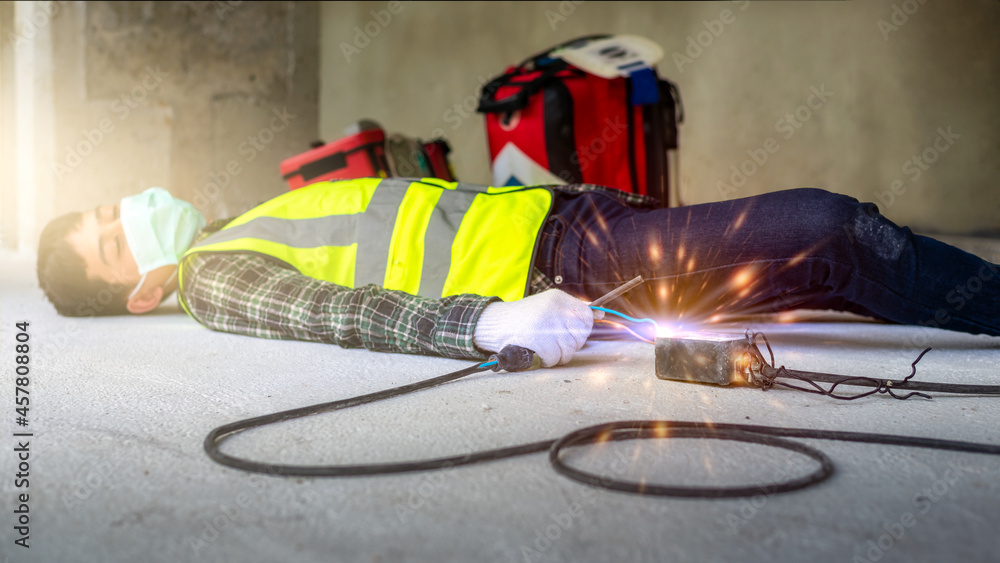 Stockfoto Construction workers carelessly connect wires causing unconscious electric shocks
