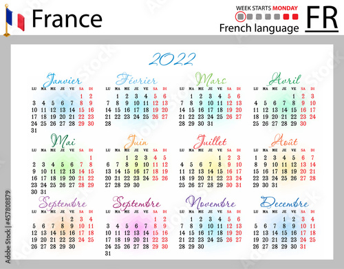 French horizontal pocket calendar for 2022. Week starts Monday