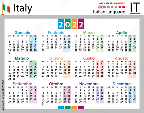 Italian horizontal pocket calendar for 2022. Week starts Monday