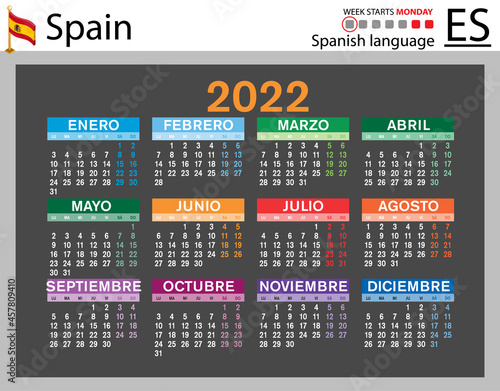 Spanish horizontal pocket calendar for 2022. Week starts Monday