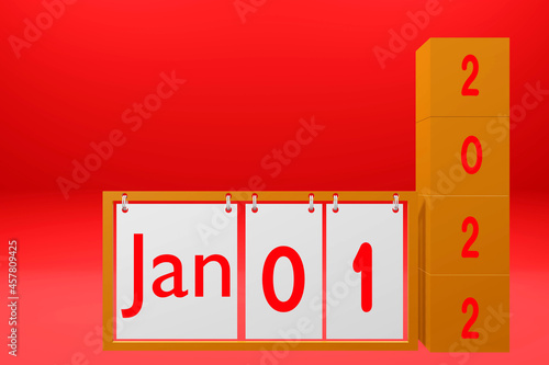 2022 cubes wooden and Jan 1st, times for a new start. 3d render illustration.