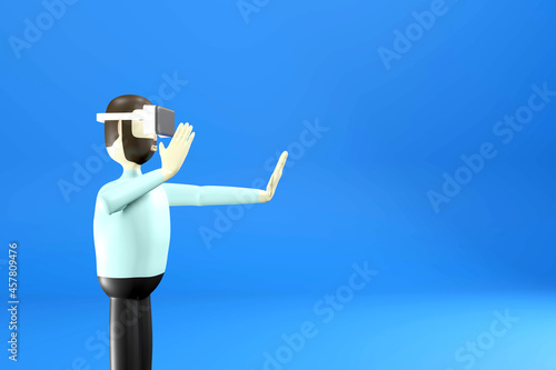 The cartoon character with VR or virtual reality headset. 3d render illustration.