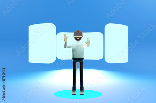 The cartoon character with VR or virtual reality headset. 3d render illustration.