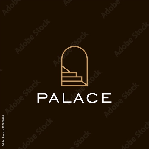 Antique arch logo, Historic Niche door icon vector in vintage minimal style design with stair