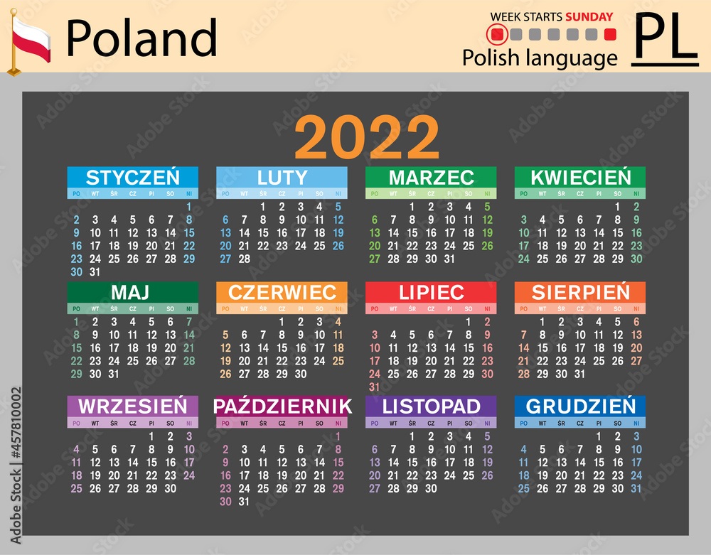 Polish horizontal pocket calendar for 2022. Week starts Sunday Stock