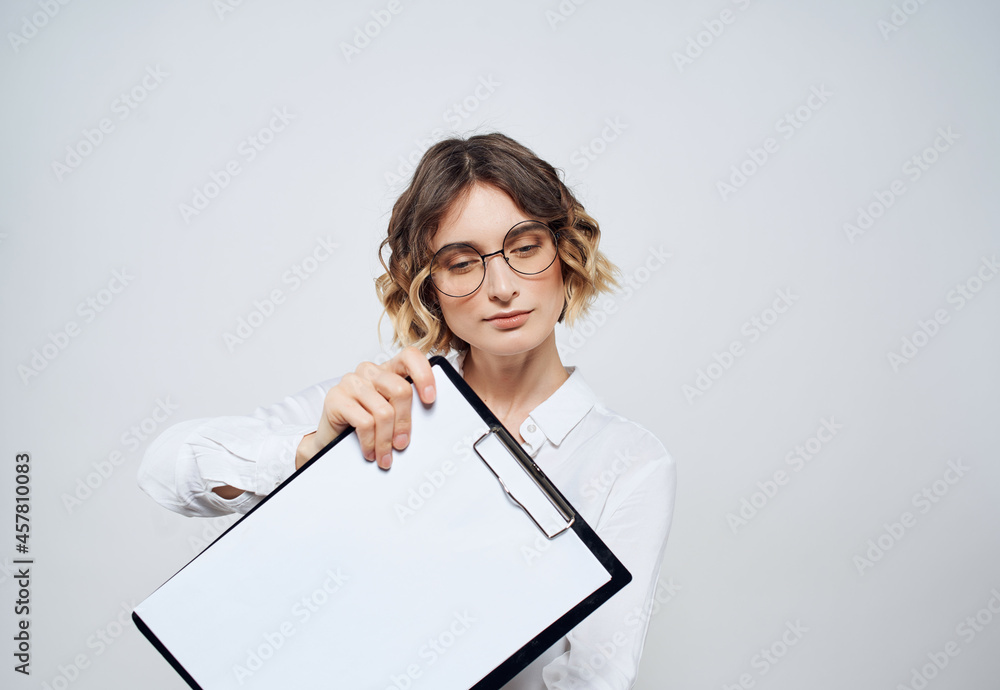 business woman holding in hand folder blank sheet copy space office business woman holding in hand folder blank sheet copy space office