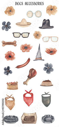 Accessories for dogs Set of watercolor clipart. Hand drawn hand painted bone, hats, sunglasses, hats, flowers, dogs food and bed. 
