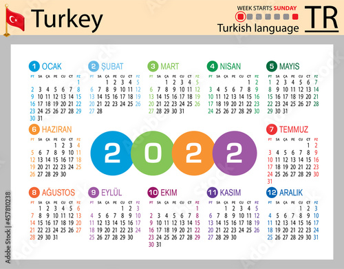 Turkish horizontal pocket calendar for 2022. Week starts Sunday