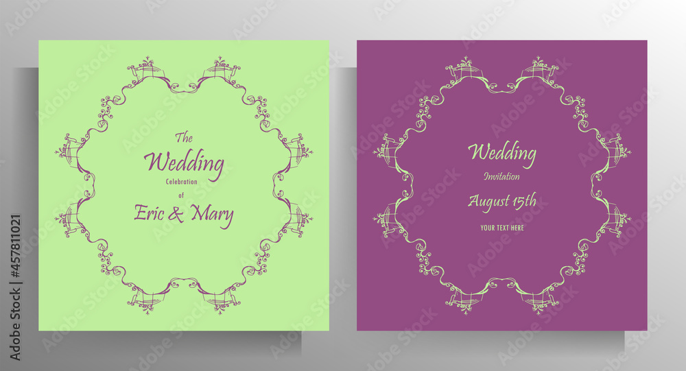 Design wedding invitation template set. Pastel illustration with hand-drawn graphic elements. Vector.