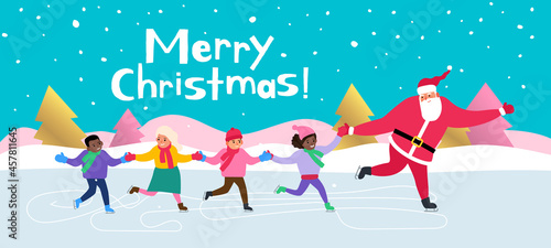 merry christmas  santa  claus skating on ice rink with children boys and girls vector illustration