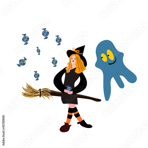 Halloween witch is flying . Vector illustration. Perfect for stickers, pins, patches etc.