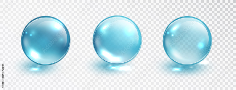Blue bubble set isolated on transparent background. Water bubble or glass ball template. Realistic macro vector illustration - obrazy, fototapety, plakaty 