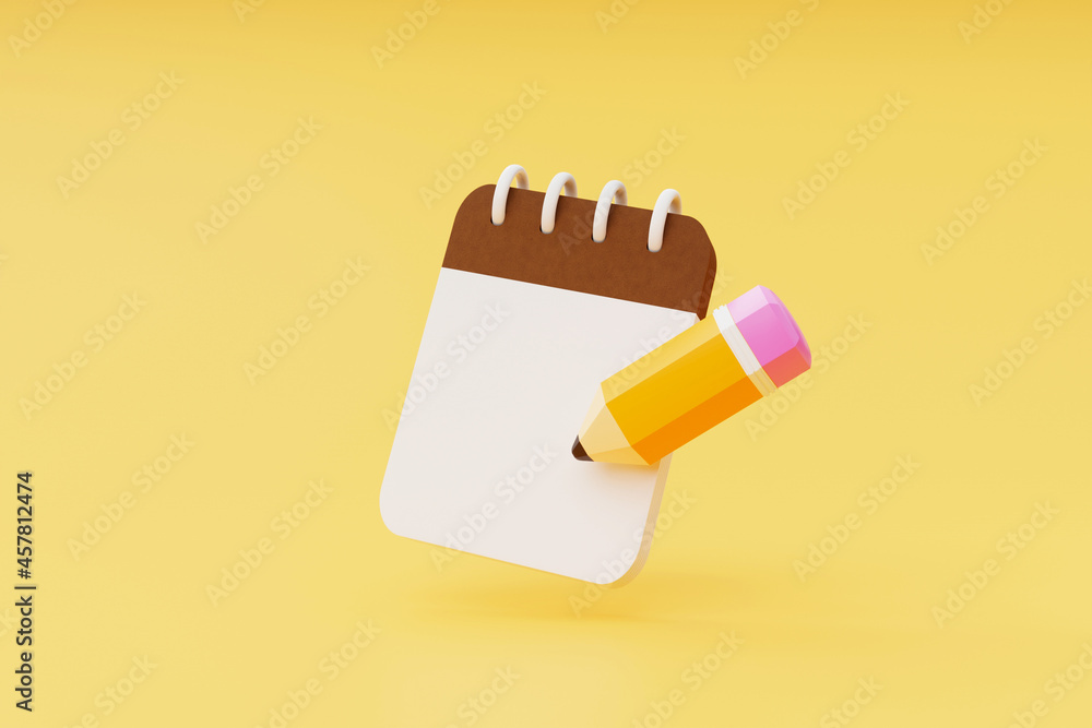 Pencil with Notepad icon on yellow background 3D rendering Pencil with Notepad icon on yellow background 3D rendering