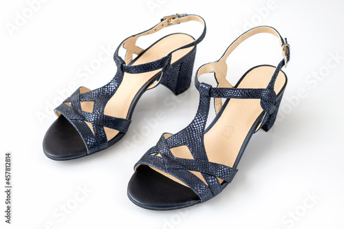 Blue women's sandals made of genuine leather