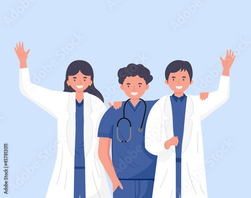 Doctor friendship. Waving happily. Medical team. Medical concept illustration. Vector illustration in flat style.