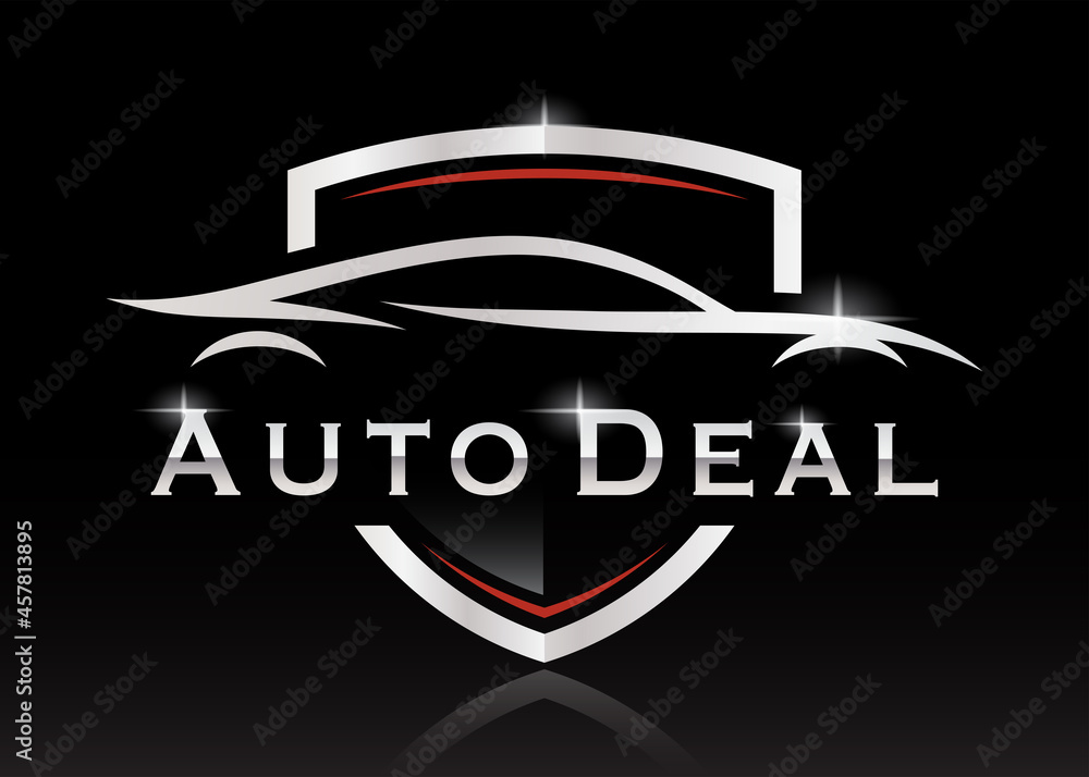 Sports car silhouette shield logo. Performance supercar motor vehicle dealership sign. Auto deal