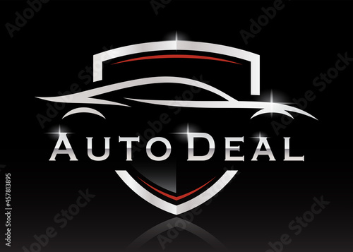 Sports car silhouette shield logo. Performance supercar motor vehicle dealership sign. Auto deal garage badge icon. Vector illustration.