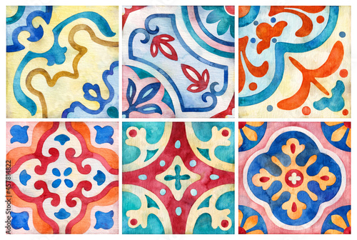 Watercolor ceramic tiles. Square vintage hand-drawn ornament.