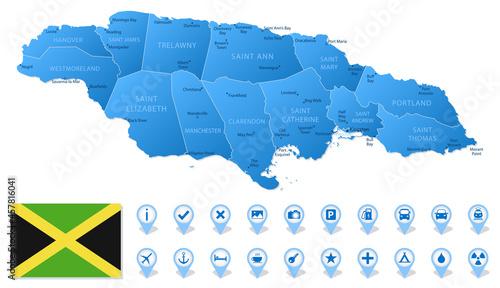 Blue map of Jamaica administrative divisions with travel infographic icons.
