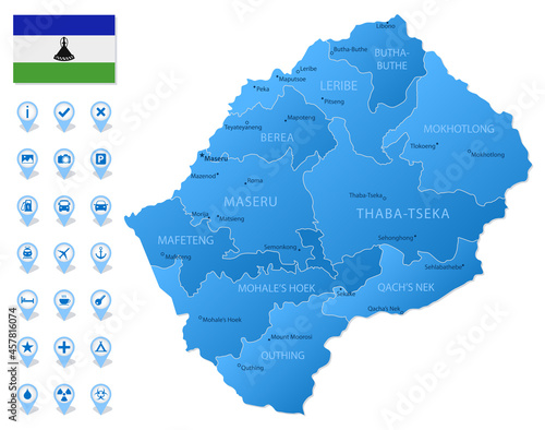 Blue map of Lesotho administrative divisions with travel infographic icons.