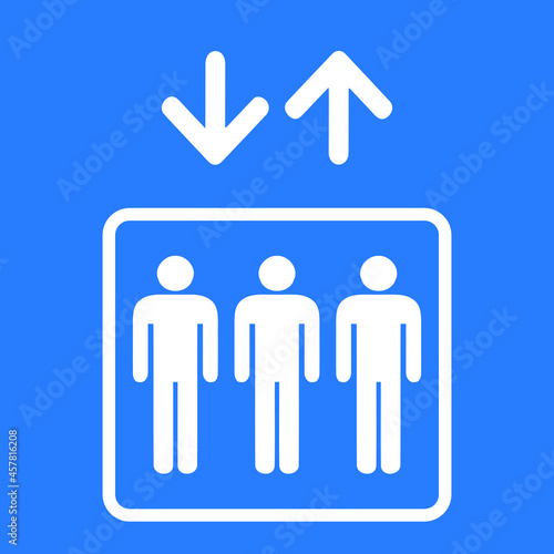 Elevator sign on light blue background. Lift passenger icon isolated on blue background.