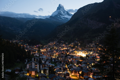 the famous village of zermatt in switzerland in the evening, with the matterhorn. © Ipsimus