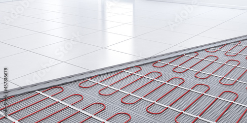Heating concept, underfloor heating. 3d rendering of Heat floor layers cutaway.