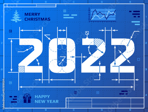 Card of New Year 2022 as blueprint drawing. Stylized drafting of 2022 on blueprint paper. Vector illustration for new years day, christmas, winter holiday, new years eve, engineering, silvester, etc
