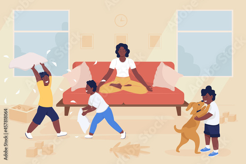 Mom meditate among children flat color vector illustration. Calm woman surrounded by loud children. Zen while at home. Family 2D cartoon characters with home interior on background