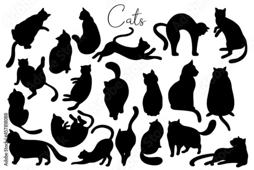 Set of cats silhouettes set in different poses. Various shapes. Vector hand drawn