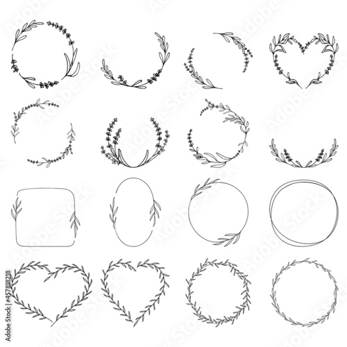 Set floral frames, laurel wreaths, leaf borders, lavender. Botanical vector for your design. Logo and branding. Outline. Hand drawn vector