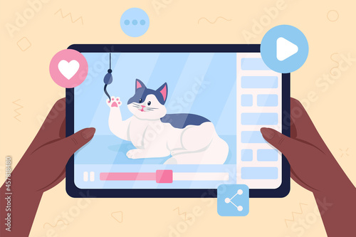 Cat video flat color vector illustration. Streaming viral content on social media. Pet video. Watching entertainment media. Cute animal 2D cartoon character on tablet screen background