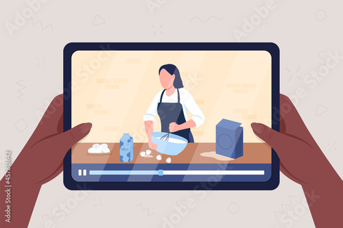 Cooking tutorial online flat color vector illustration. Preparing food and baking on streaming video. E learning for hobby. Teaching chef 2D cartoon character on tablet display background