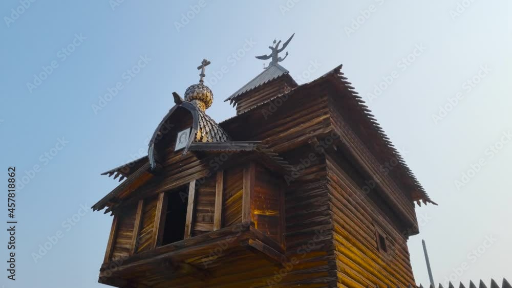 Wooden buildings in the retro village of Taltsy. A trip to Lake Baikal. Wooden buildings in the retro village of Taltsy. A trip to Lake Baikal.