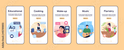 Online classes onboarding mobile app screen flat vector template. Internet tutorial. Walkthrough website 5 steps with characters. Creative UX, UI, GUI smartphone cartoon interface, case prints set