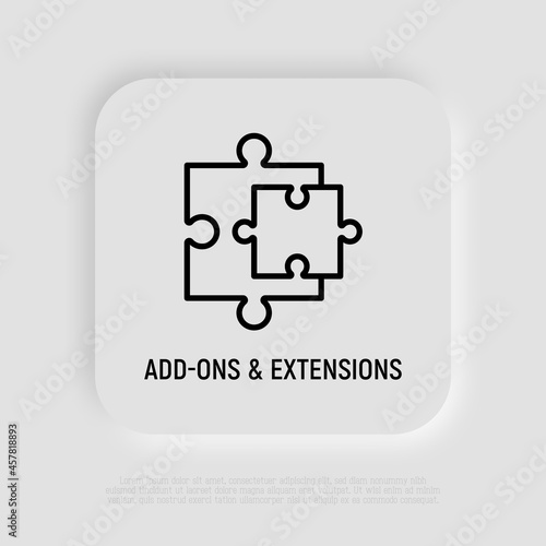 Add-ons and extensions. Browser add thin line icon, two details of puzzle. Modern vector illustration.