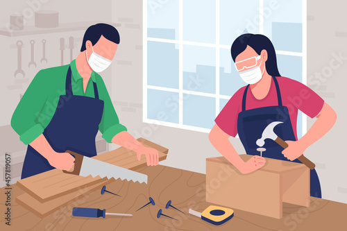 Carpentry workshop flat color vector illustration. Woodwork service. Handyman working on cabinet. Craftsman with instruments. Carpenters 2D cartoon characters with interior on background