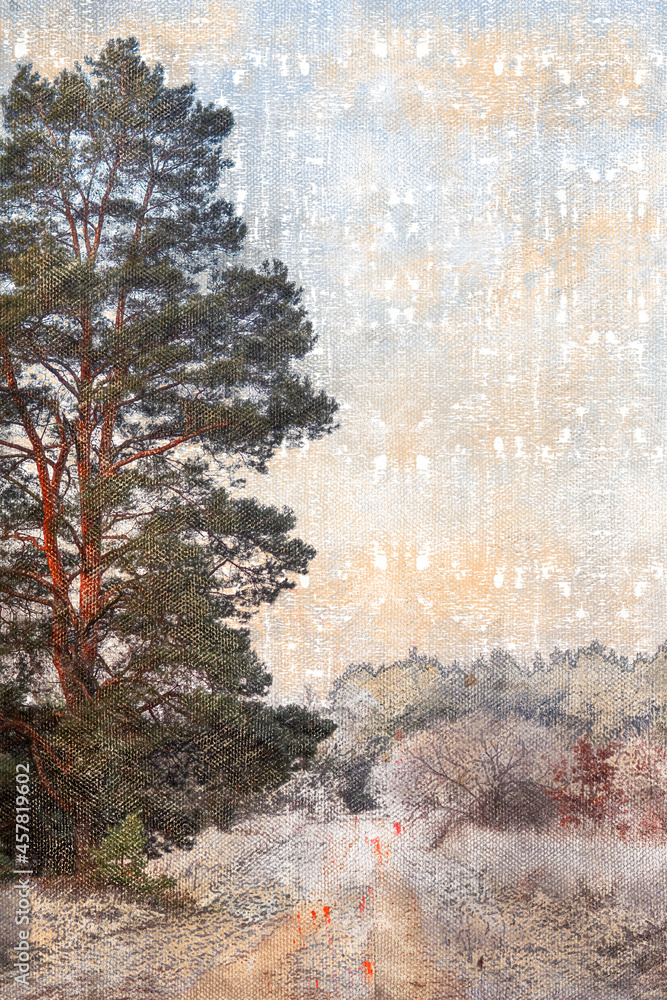 Dirt road in winter forest. Covered with frost and snow trees and ...