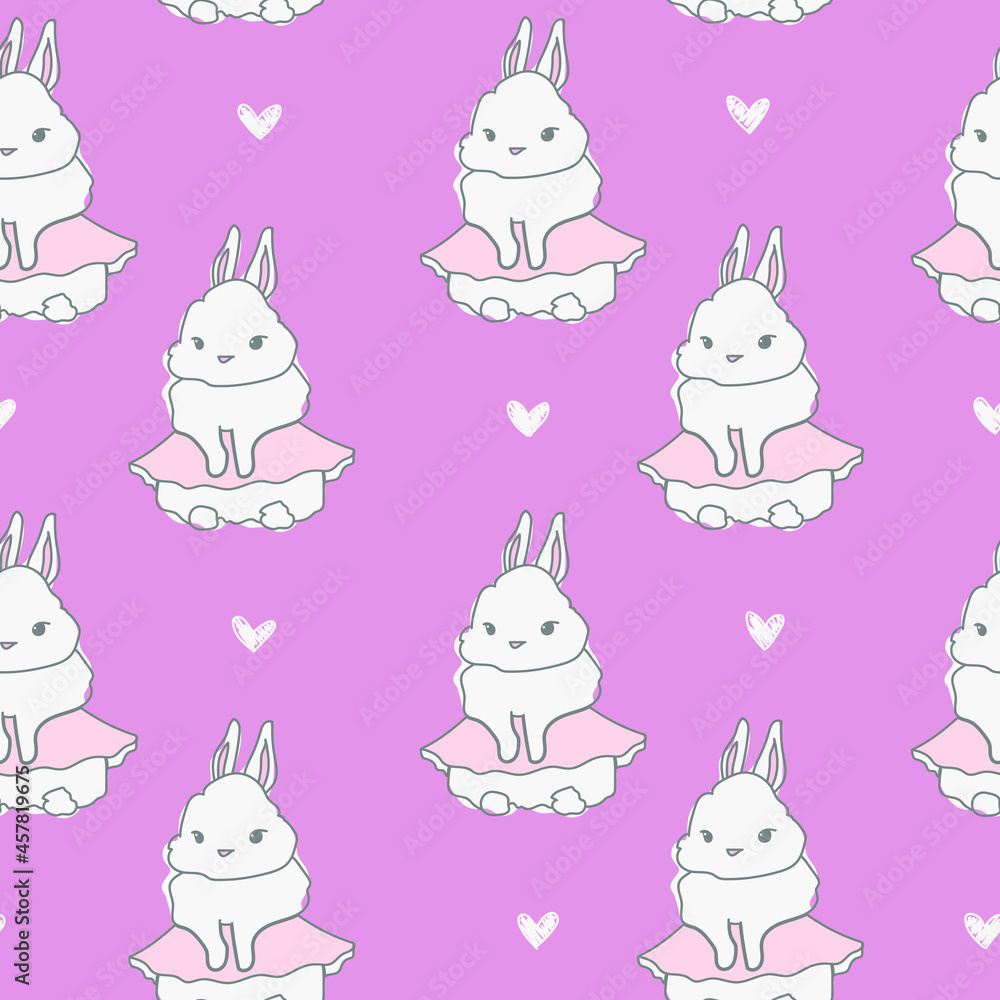 Hand drawn cute bunny with hearts seamless pattern. Pink paper princess ballerina rabbit. Hand drawn cute bunny with hearts seamless pattern. Pink paper princess ballerina rabbit.