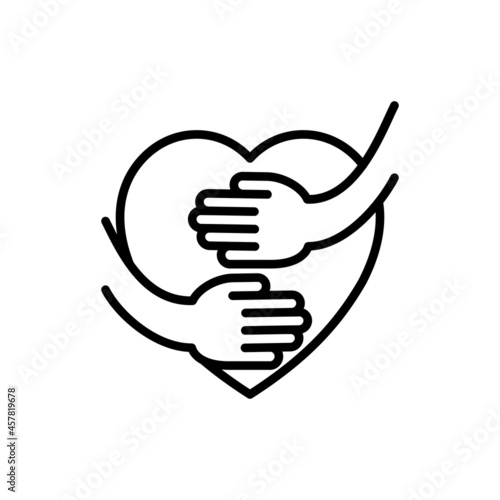 Self care thin line icon, hands hug heart. Modern vector illustration.