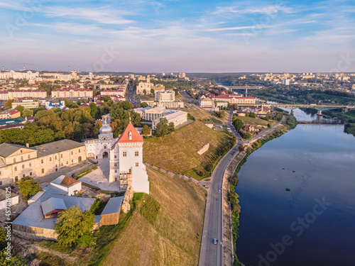 View of the old castle and the Neman River in Grodno in the sunset light