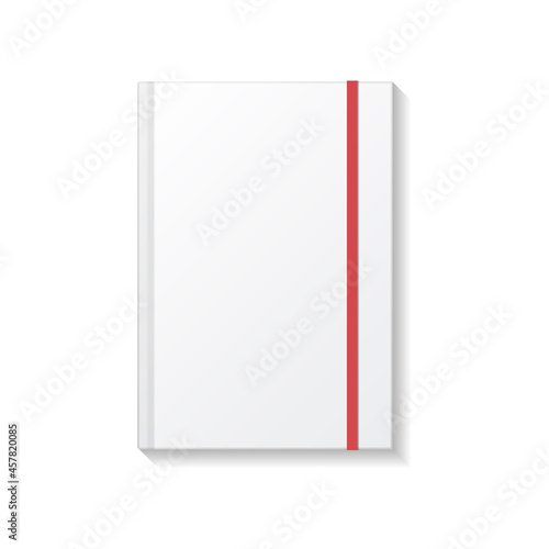 Blank white book or notebook with red elastic top view mockup template.