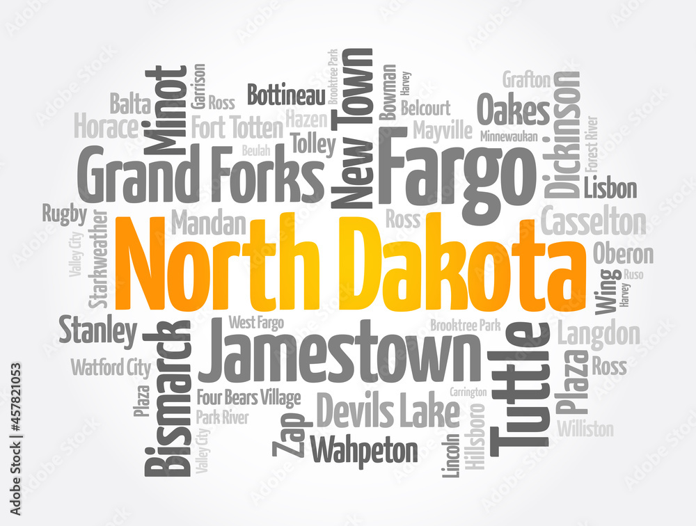 List of cities in North Dakota USA state, word cloud concept background List of cities in North Dakota USA state, word cloud concept background