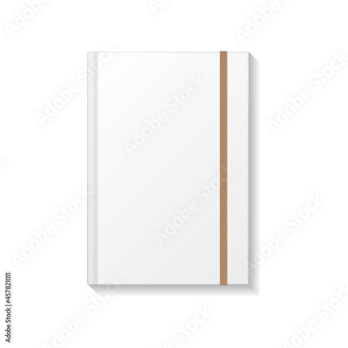 Blank white book or notebook with brown elastic top view mockup template.