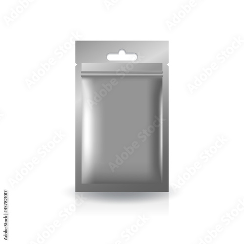 Blank silver flat foil zip bag with hang hole for food, healthy or beauty product.