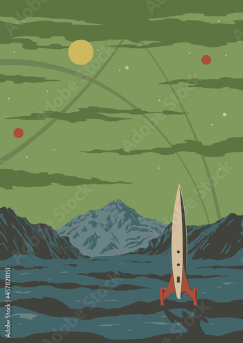 Retro Future Style Space Illustration, Space Rocket and Alien Planet Landscape 