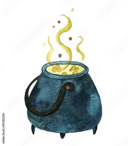 Witch brew pot with potion and green bubbles. Hand drawn watercolor illustration. Isolated image on white background photo